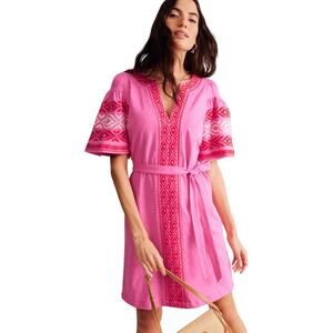 Boden Embroidered Jersey Short Dress Tie Waist Kaftan Pink Sangria Sunset Size 4